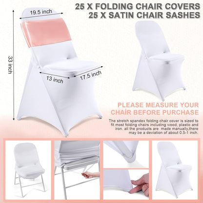 Lounsweer 50 Pcs Folding Chair Cover Set with 25 Stretch Spandex Slipcovers 25 Satin Chair Sashes Bows Ribbon Washable Banquet Protector for Wedding Event Party(White, Rose Gold)