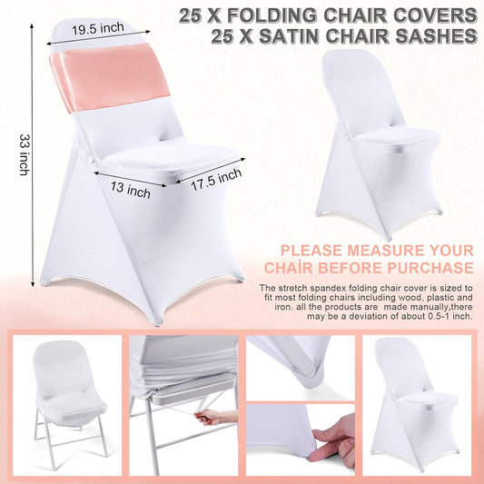 Lounsweer 50 Pcs Folding Chair Cover Set with 25 Stretch Spandex Slipcovers 25 Satin Chair Sashes Bows Ribbon Washable Banquet Protector for Wedding Event Party(White, Rose Gold)