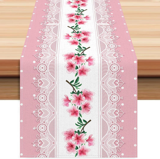 Light Pink Printed Lace Floral Spring Table Runner, 13x72 Inch | Seasonal Summer Kitchen Dining Table Decoration for Holiday Home Dining Style Table Party Decoration