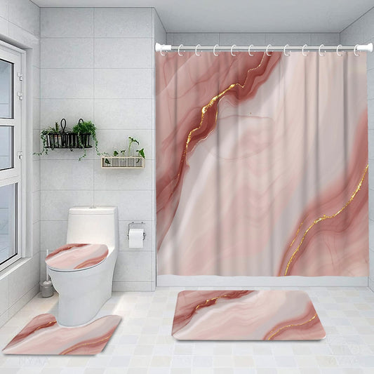 Ansouyi 4Pcs Bathroom Shower Curtain Sets with Non-Slip Rugs, Toilet Lid Cover and Bath Mat, Abstract White Pink Gold Marble Durable Waterproof Shower Curtain for Bathroom Set with 12 Hooks