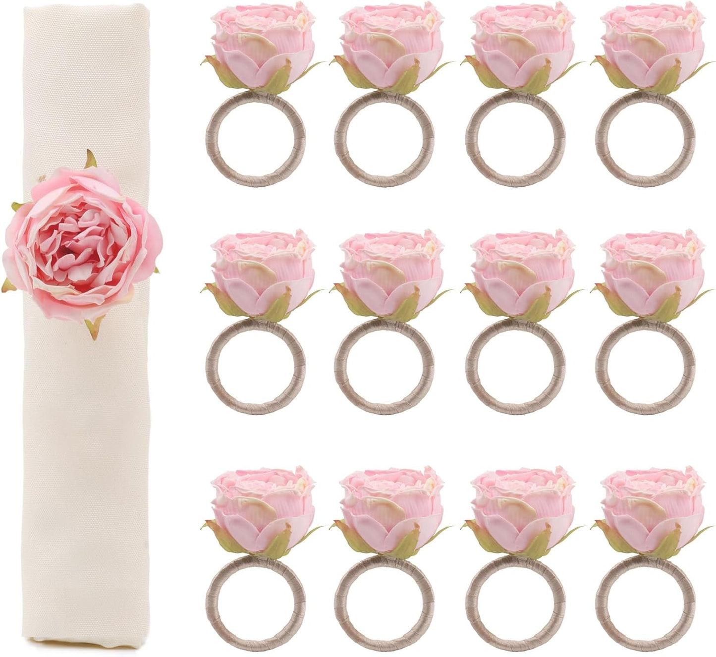 12 Pack Flower Napkin Rings, Pink Rose Artificial Peony Flower Heads Handmade Napkin Holder Rings for Wedding Home Birthday Party Christmas Thanksgiving Valentine's Day Decorations