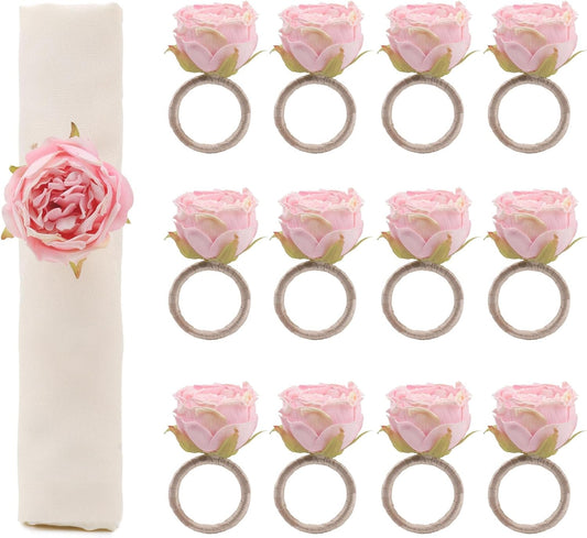 12 Pack Flower Napkin Rings, Pink Rose Artificial Peony Flower Heads Handmade Napkin Holder Rings for Wedding Home Birthday Party Christmas Thanksgiving Valentine's Day Decorations