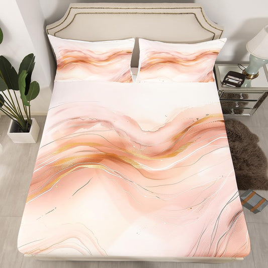 Erosebridal Marbling Fitted Sheet for Boys Girls Kids Peach Pink Marble Twin Bed Sheets,Watercolor Ink Paintings Sheets Abstract Texture Bedding Sets, No Top Sheet