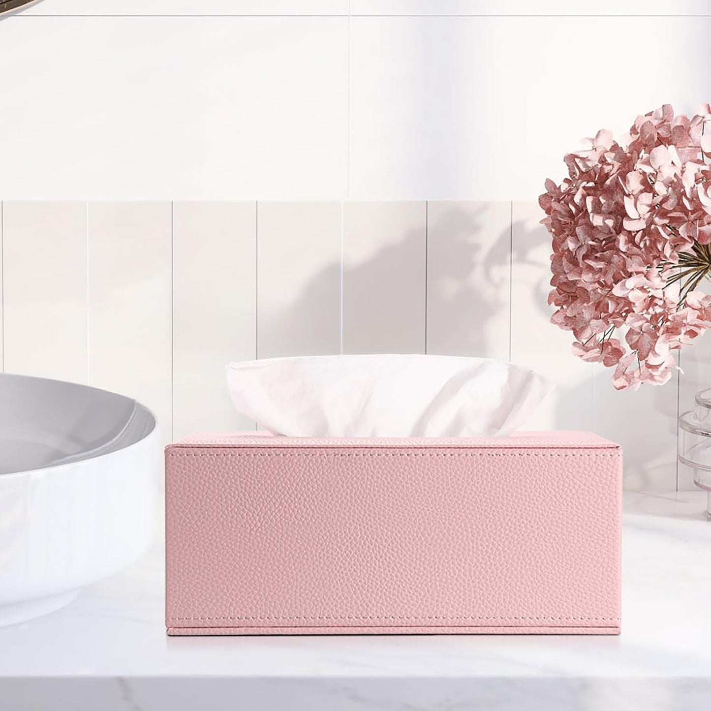 Sumnacon Tissue Box Cover Rectangle Tissue Box Stylish PU Tissue Box Holder with Magnetic Bottom, Decorative Leather Tissue Holders for Living Room Bathroom Home Office, Pink, Small