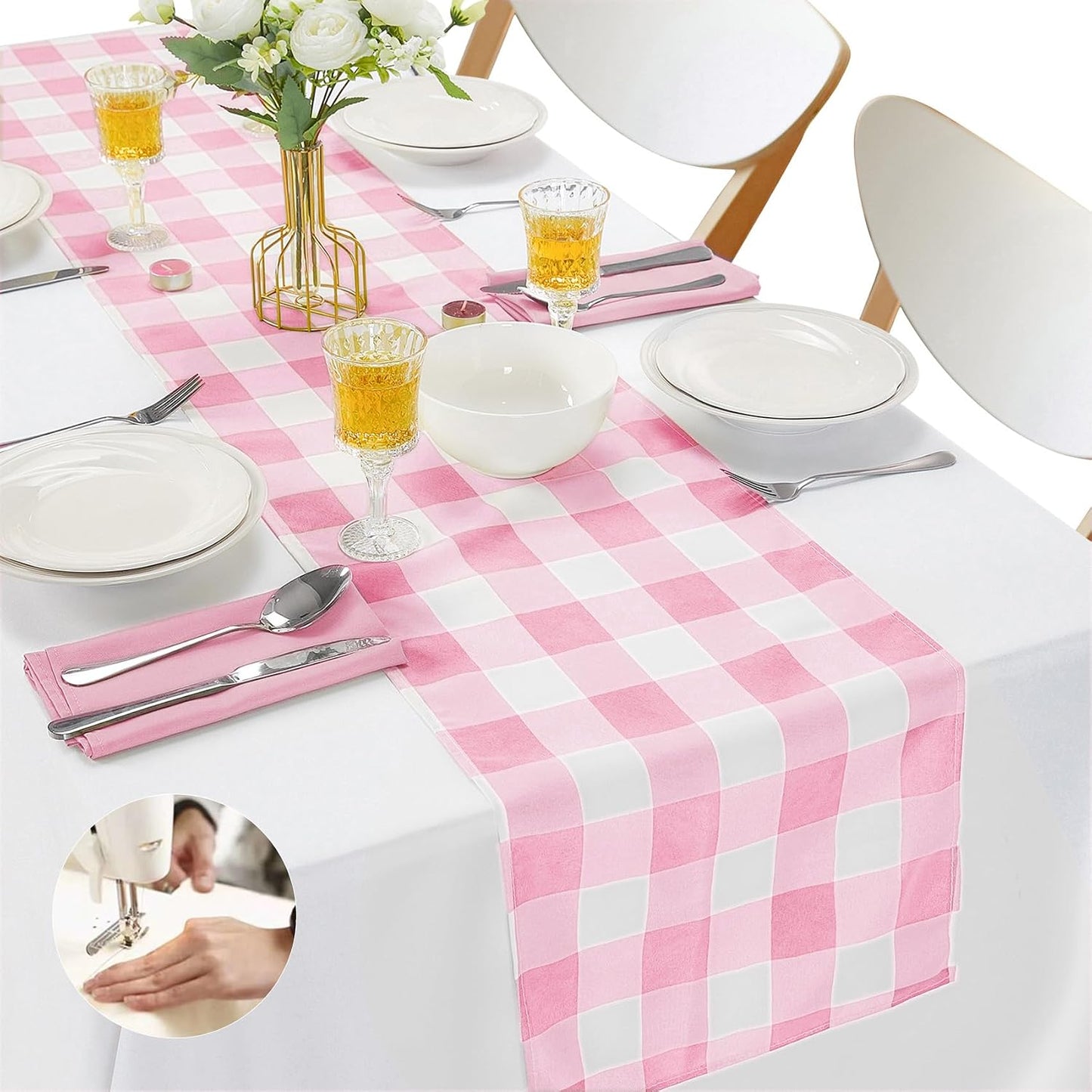 Fabric Checkered Table Runner 6 Pack Waterproof Gingham Table Runner 14W x 108L Buffalo Check Table Runners for Parties Kitchen Dining Wedding Banquet (Pink and White)
