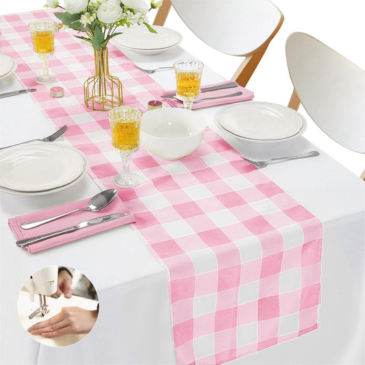 Cupuamon Fabric Checkered Table Runner 1 Pack Waterproof Gingham Table Runner 14W x 108L Buffalo Check Table Runners for Parties Kitchen Dining Wedding Banquet (Pink and White)