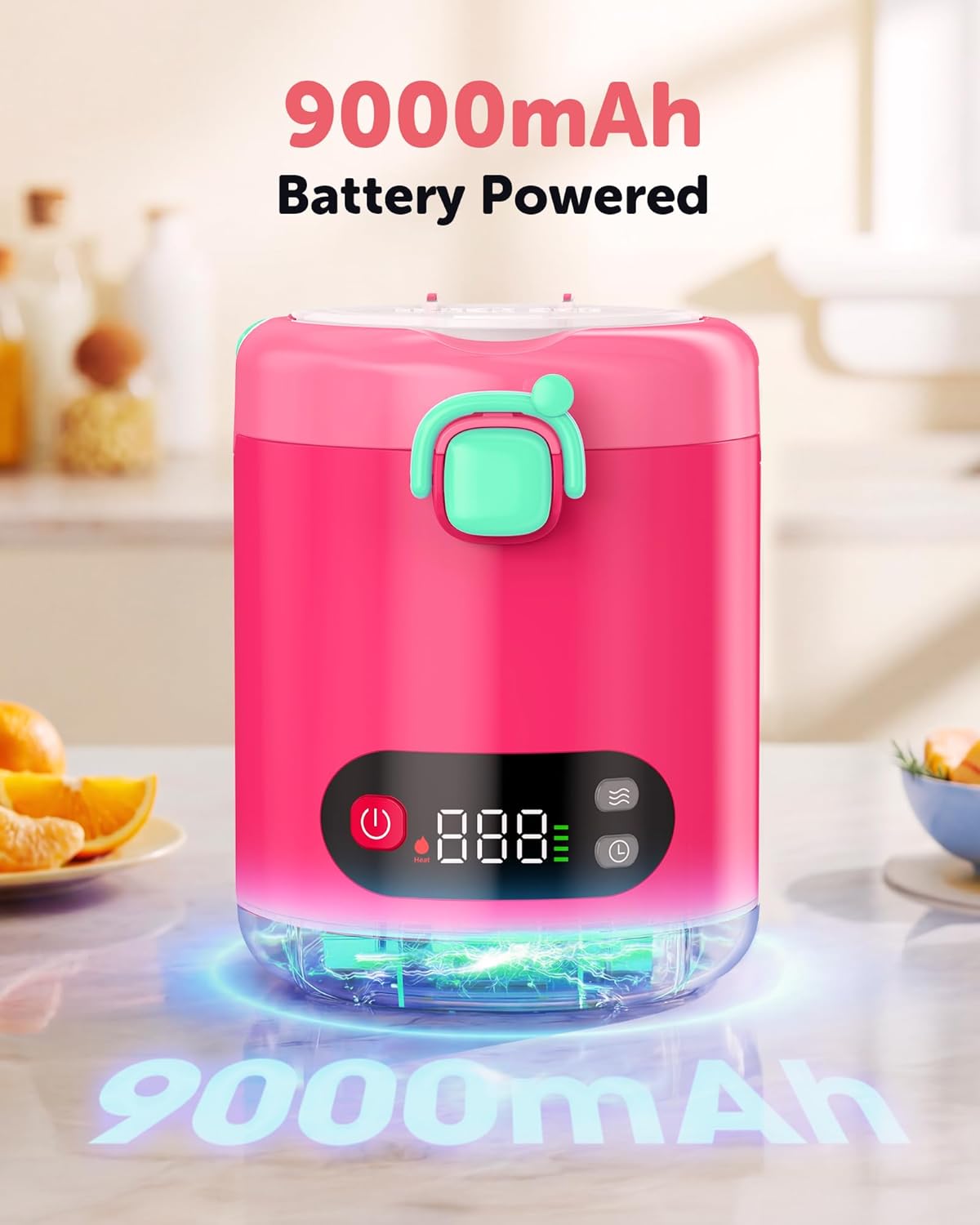 EAST OAK Heated Lunch Box for Kids, 13oz Cordless Electric Lunch Box with Temp Settings & Timer, Portable Food Warmer, 304 Insulated Food Container & Jar, BPA-Free for Early School(Pink)
