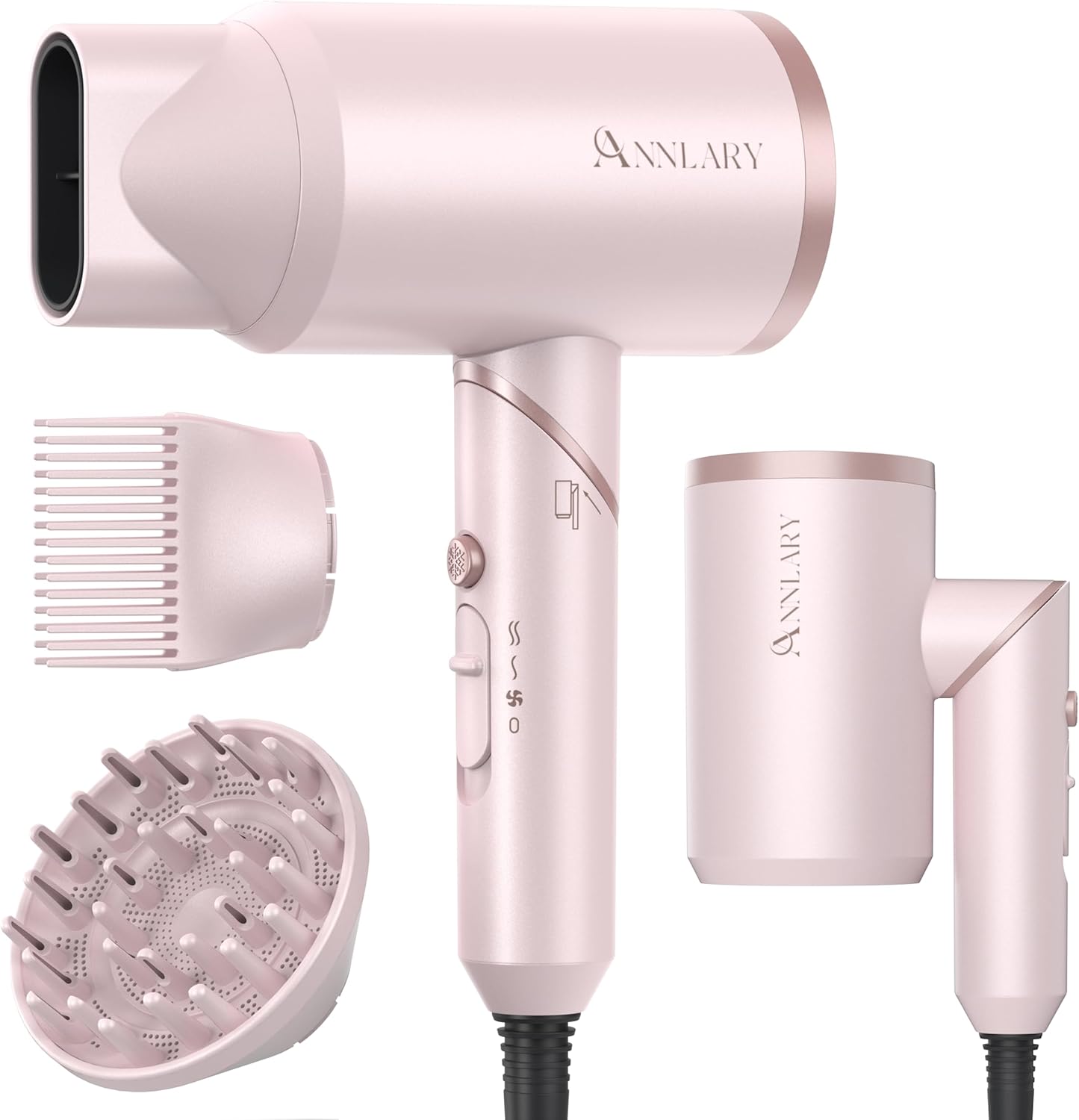 ANNLARY Hair Dryer with Comb | 1800W Blow Dryer with Diffuser for Curly Hair | Plasma Ionic Hairdryer for Frizz Control | Foldable & Protable Design for Travel | 6.5 ft ALCI Cord for Women and Men