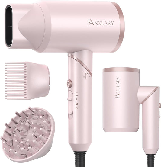 ANNLARY Hair Dryer with Comb | 1800W Blow Dryer with Diffuser for Curly Hair | Plasma Ionic Hairdryer for Frizz Control | Foldable & Protable Design for Travel | 6.5 ft ALCI Cord for Women and Men