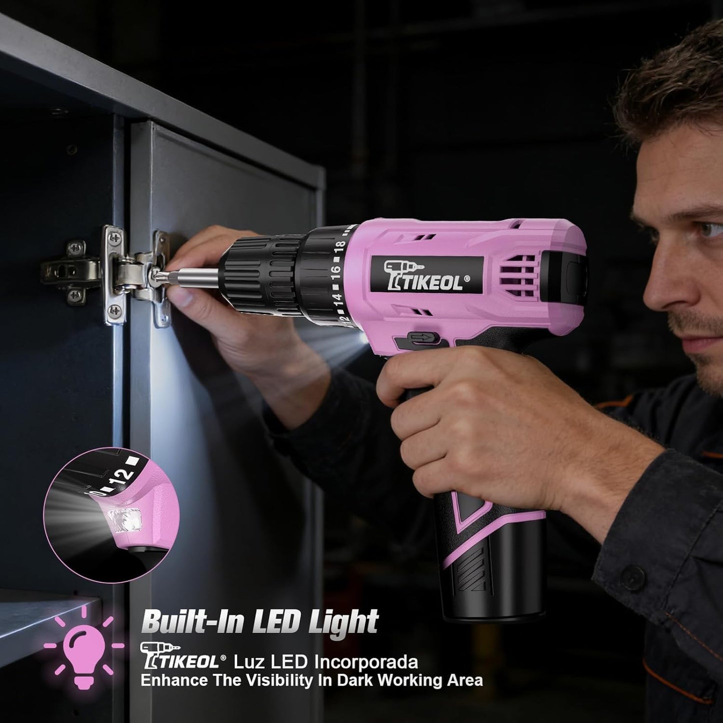 12V Cordless Drill Set with Battery & Charger, Electric Power Drill with Pure Copper Motor, 180 In-lbs Torque, 18+1 Clutch, 3/8" Keyless Chuck, LED Light, Drill Kit for Home Repair, DIY(Pink)