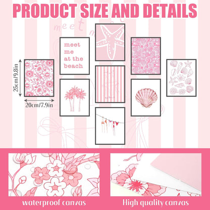 Fuyoooo Pink Coastal Poster Set of 9 Preppy Beach Themed Wall Art Beachy Painting Picture Wall Decor Shell Palm Trees Flowers Printed Artwork for Teen Dorm Bedroom Apartment 8x10 Inch in Unframed
