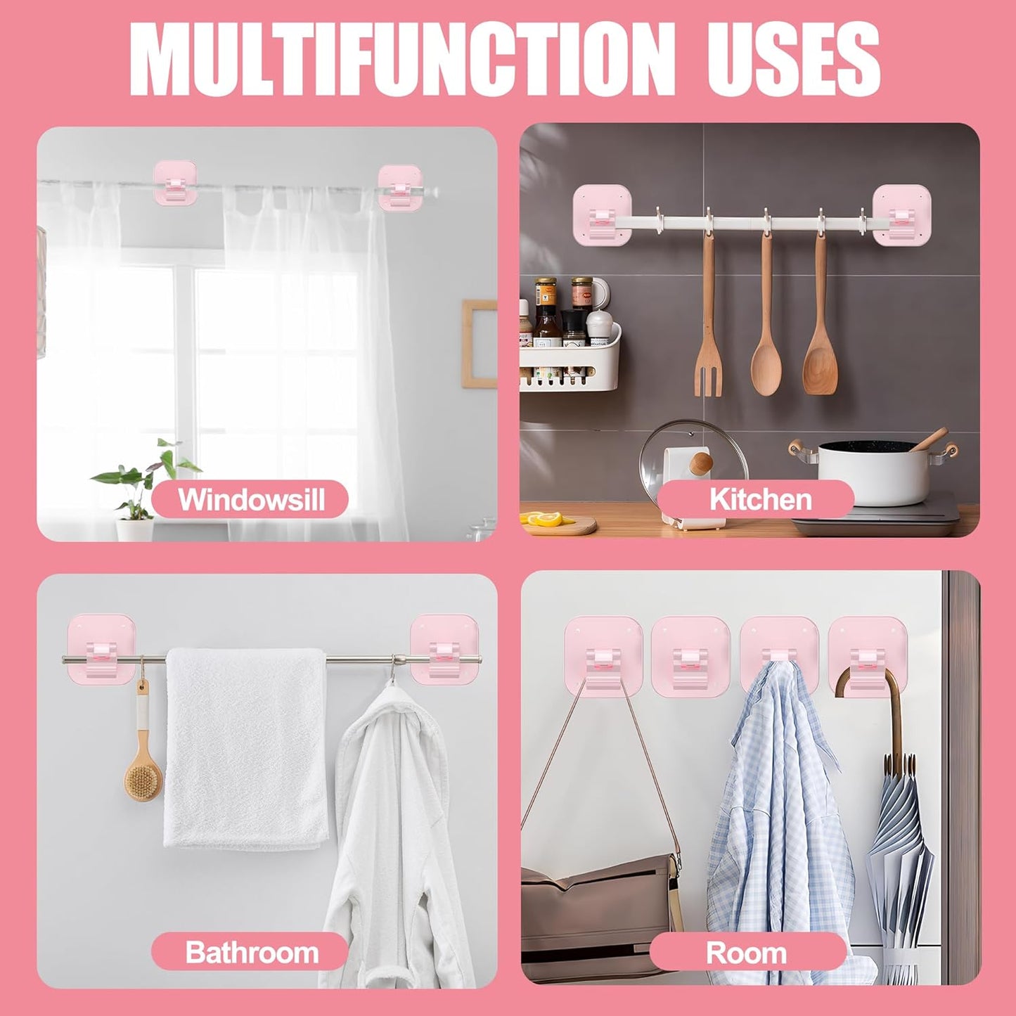 JHCJHC 6PCS No Drill Adhesive Curtain Rod Brackets 40LB, Curtain Rods No Drilling Renter Friendly Hooks No Damage Curtain Holders, Apartment Farmhouse Classroom Decor Hanging Drapes