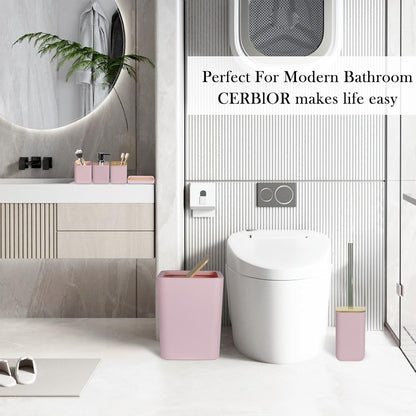 CERBIOR Bathroom Accessories Set 6 Piece Bamboo Bath Ensemble Includes Soap Dispenser, Toothbrush Holder, Toothbrush Cup, Soap Dish for Decorative Countertop and Housewarming Gift (Pink)