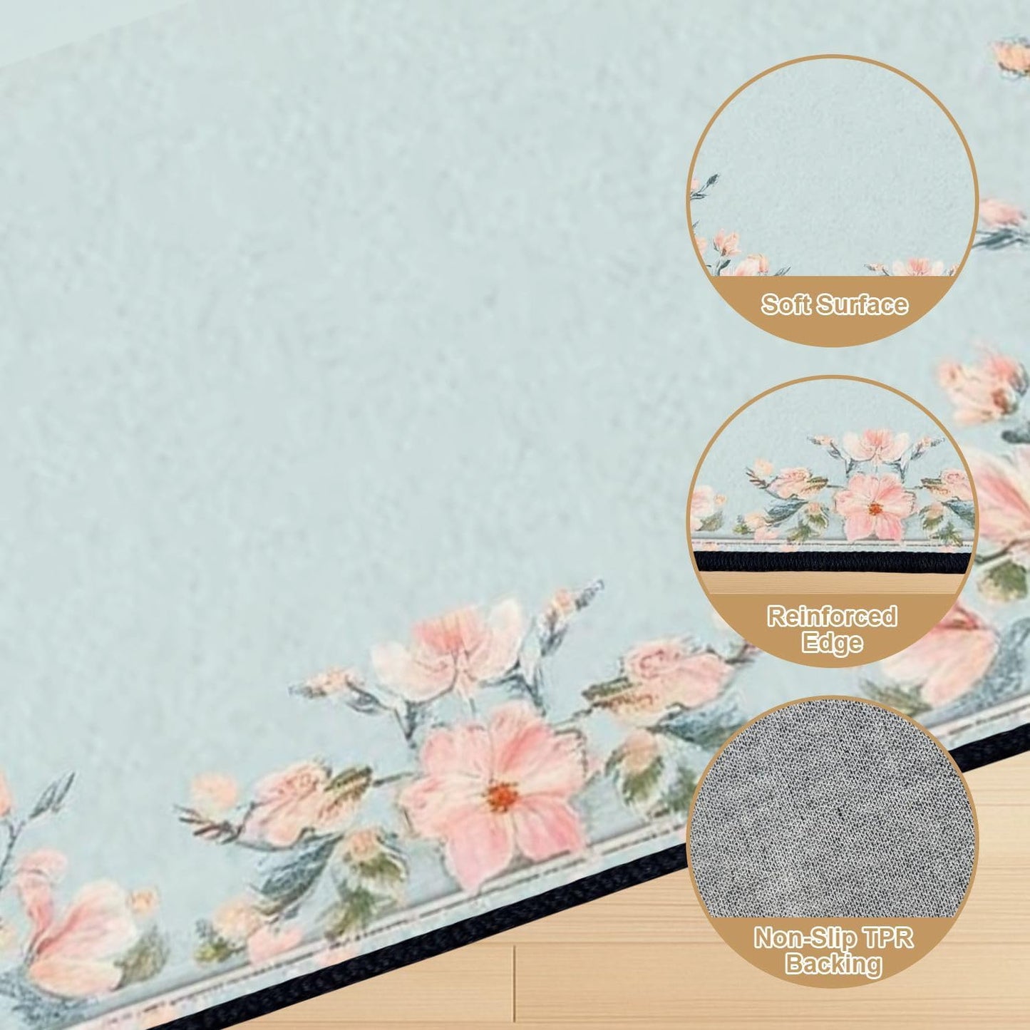 10x14 Area Rugs for Bedroom Boho Washable Rug for Living Room Boho Floral Light Blue Peach Pink Flowers Garland Borders Subtle Soft Rubber Backed Non-Slip Carpet for Dining Room Bedroom Office