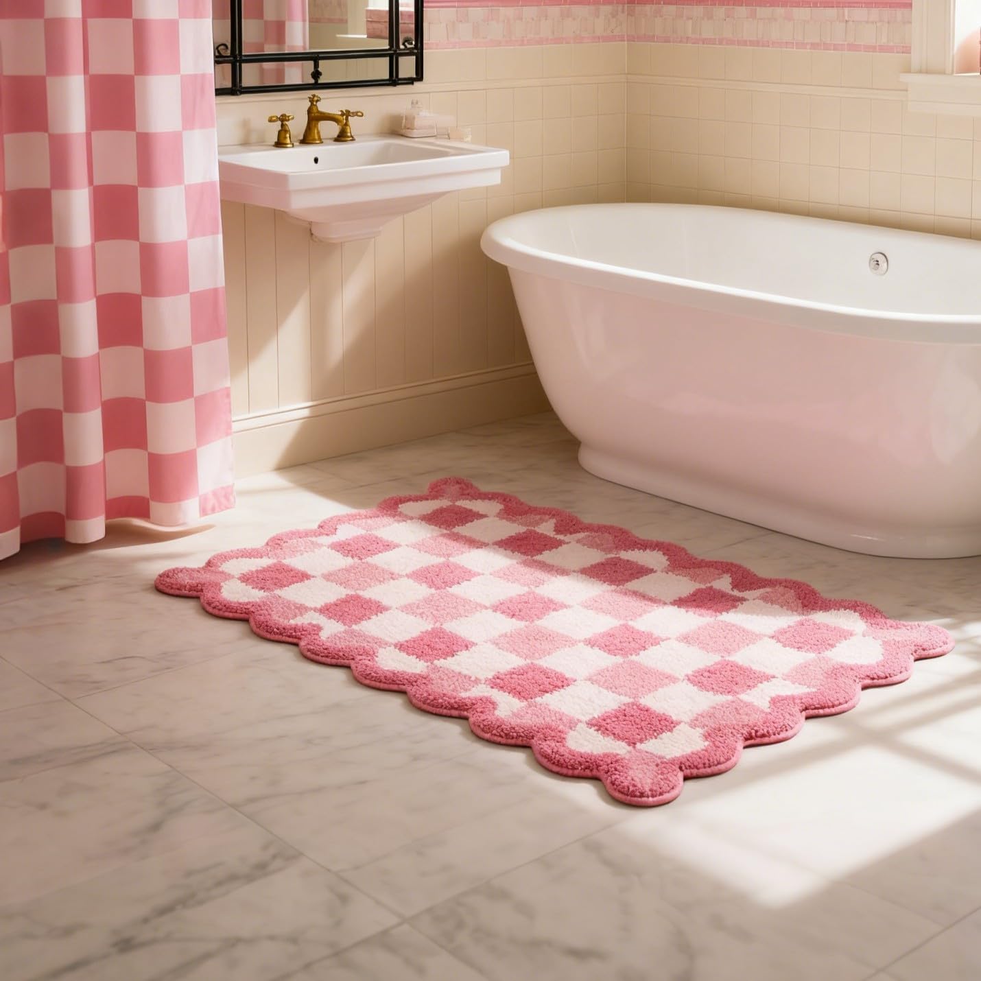 ORTIGIA Cute Pink Checkered Scalloped Bath Mat, Fun Plush Microfiber Bathroom Rugs Non Slip Washable Quick Dry Absorbent, Bath Rug Carpet for Shower Stall Vanities Kitchen Floor Entrance, 20x32