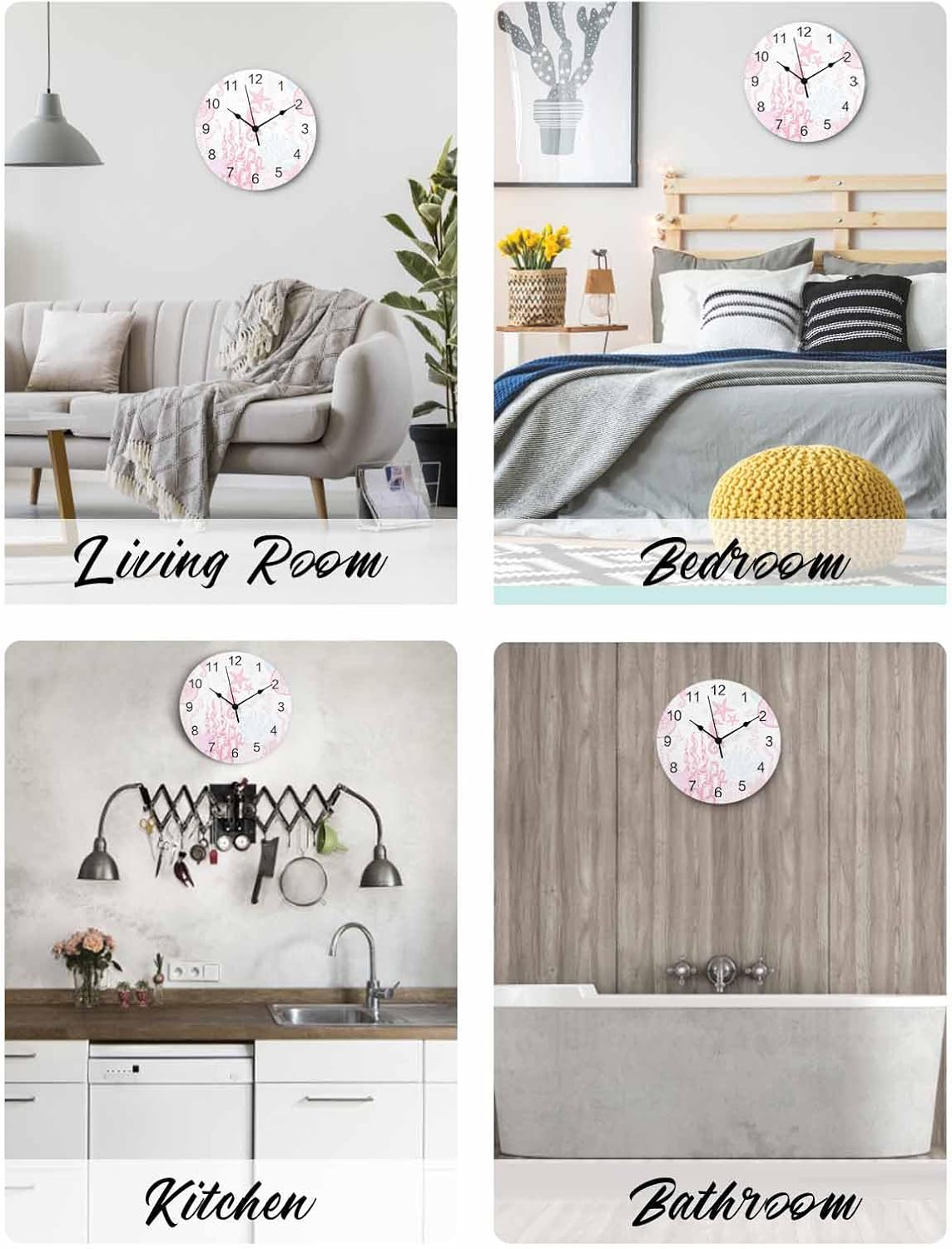 Wall Clock Pink Coral Clocks PVC Silent Non-Ticking Battery Operated Decorative Starfish Seahorse Seahorse Shell Round Clock for Home Living Room Kitchen Bedroom Office School Wall Decor 10 Inch