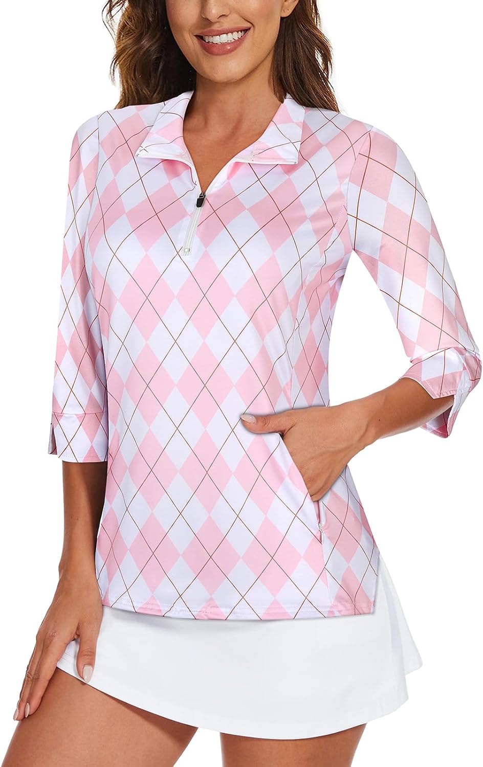 Viracy Women's Golf Shirts 3/4 Sleeve Sun Protection Quarter Zip with Zipper Pockets Athletic Polo Workout Tops S-2XL