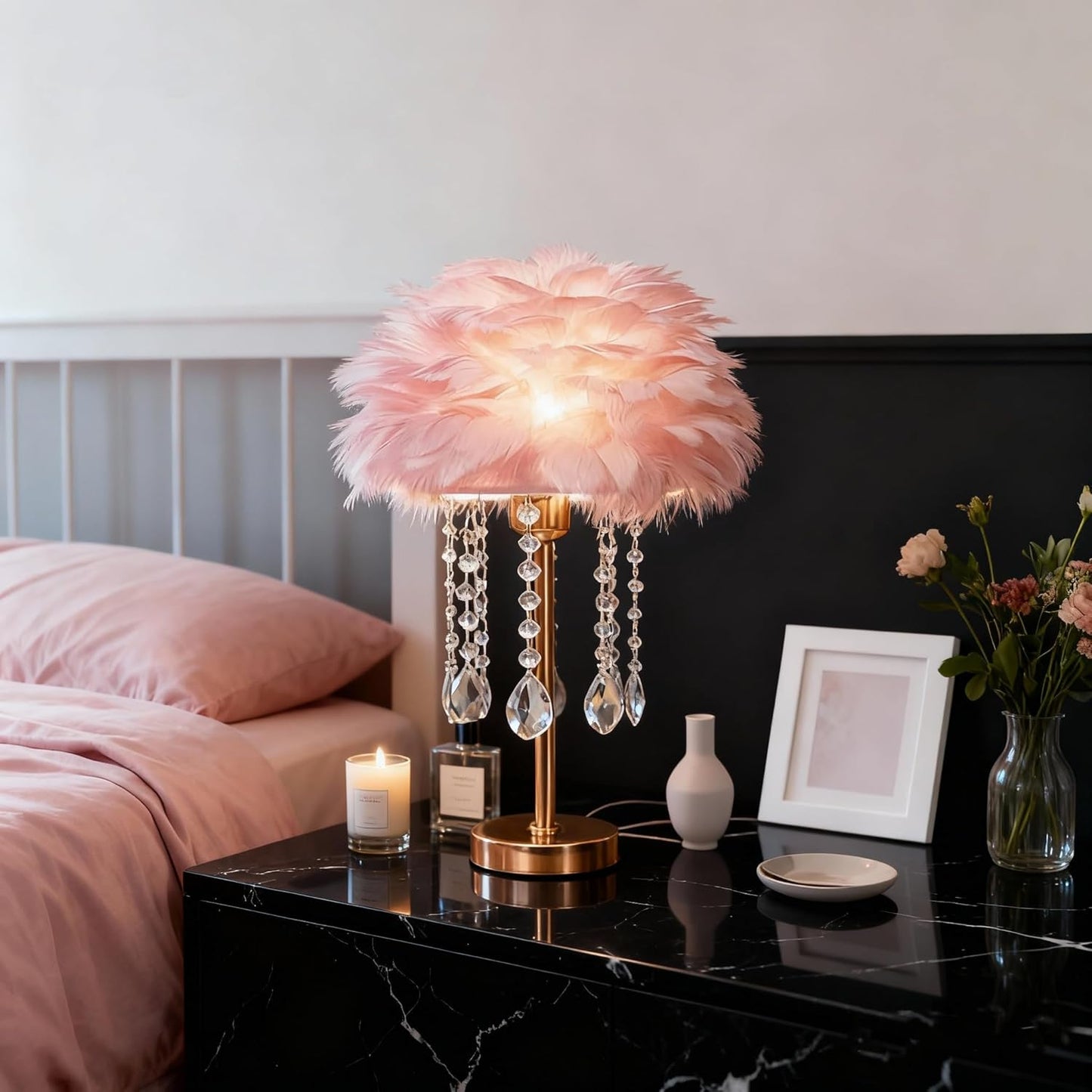Pink Feather Lamp Cute Romantic Goose Feather Table Lamp Furry Nightstand Light with Gold Base and Crystal, Bedside Lamp for Girl Bedroom Wedding Living Room Hotel Decorative