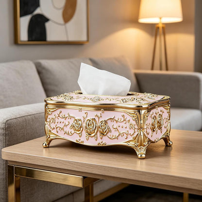 Moorfowl Vintage European Tissue Box Cover Rectangle Rose Pattern Long Tissue Box Holder for Bathroom Vanity Countertop, Bedroom Dresser, Nightstand and End Table (Gold Pink)
