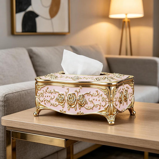 Moorfowl Vintage European Tissue Box Cover Rectangle Rose Pattern Long Tissue Box Holder for Bathroom Vanity Countertop, Bedroom Dresser, Nightstand and End Table (Gold Pink)