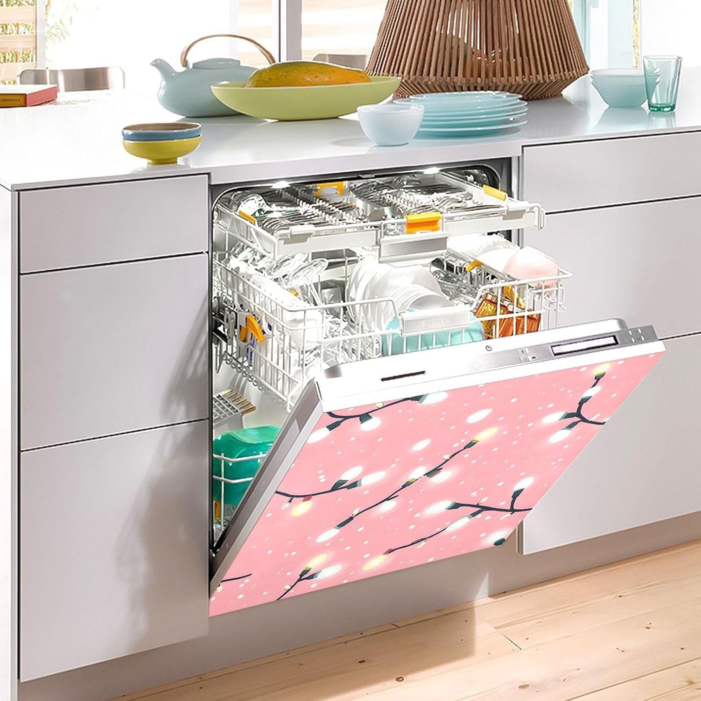 Christmas Dishwasher Magnet Cover for Washers Fridge Christmas Lights Pattern Pink Panel Decal Cover Washing Machine Cabinet Reusable Dishwasher Door Covers Decorative-23 W x 26" H Inch