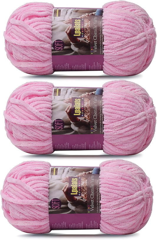 Chunky Chenille Yarn for Crocheting - 3x100g/3.5oz Baby Blanket Yarn for Crocheting Soft - 262 Yards Fluffy Thick Plush Yarns for Knitting Blankets Amigurumi (3, Dark Pink)