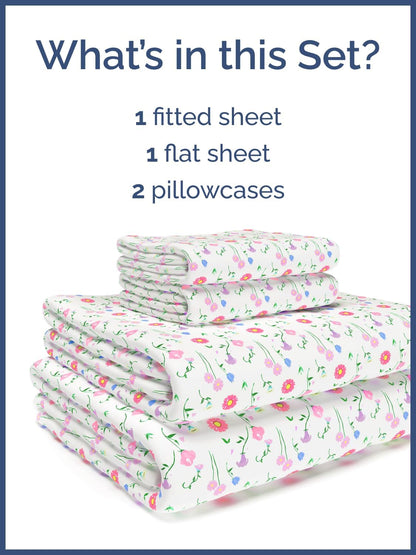 Kids Full Size Bed Sheet Set - 4 Piece Kids Loft Bed Sheets - Floral Flower Themed Bedding - Soft, Cute - Breathable and Machine Washable - Pretty Pink Flower Bed Set for Boys, Girls, Teens & Toddlers