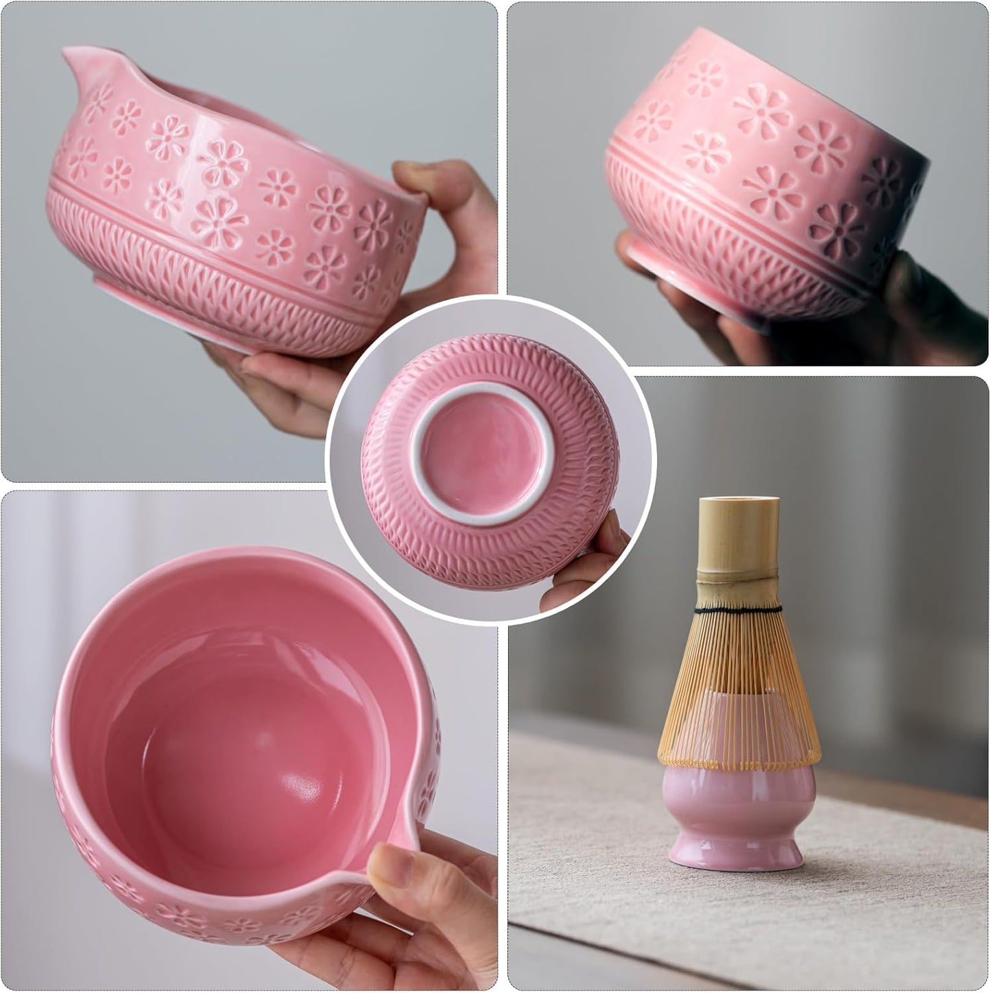Buucup Matcha Whisk Set, 10 Pcs Matcha Set Includes Matcha Bowl, 2 Cups, Matcha Whisk and Holder, Bamboo Scoop and Spoon, Scoop Rest, Sifter and Tea Towel, Complete Matcha Kit (Pink)