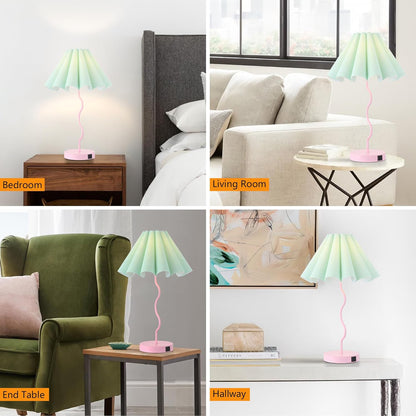 EOEYYOYB Table Lamp for Bedroom Nightstand Modern Touch Green Pink Lamp Dimmable Lamp for Living Room End Table with USB Port and Outlet