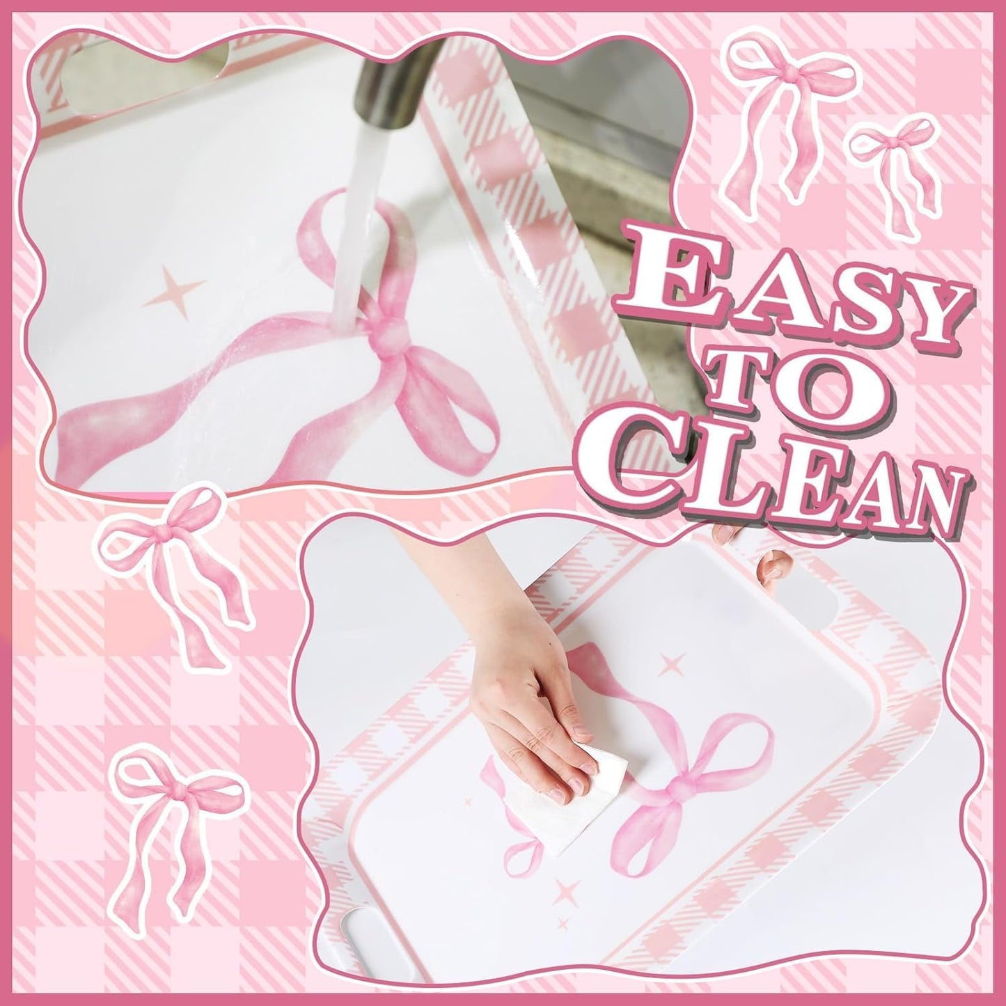gisgfim 2PCS Pink Bow Serving Trays with Handles 16 X 11 Inch Large Melamine Platter Bow Party Decorations Food Tray Dessert Plate Dish for Girls Bachelorette Wedding Birthday Party Supplies