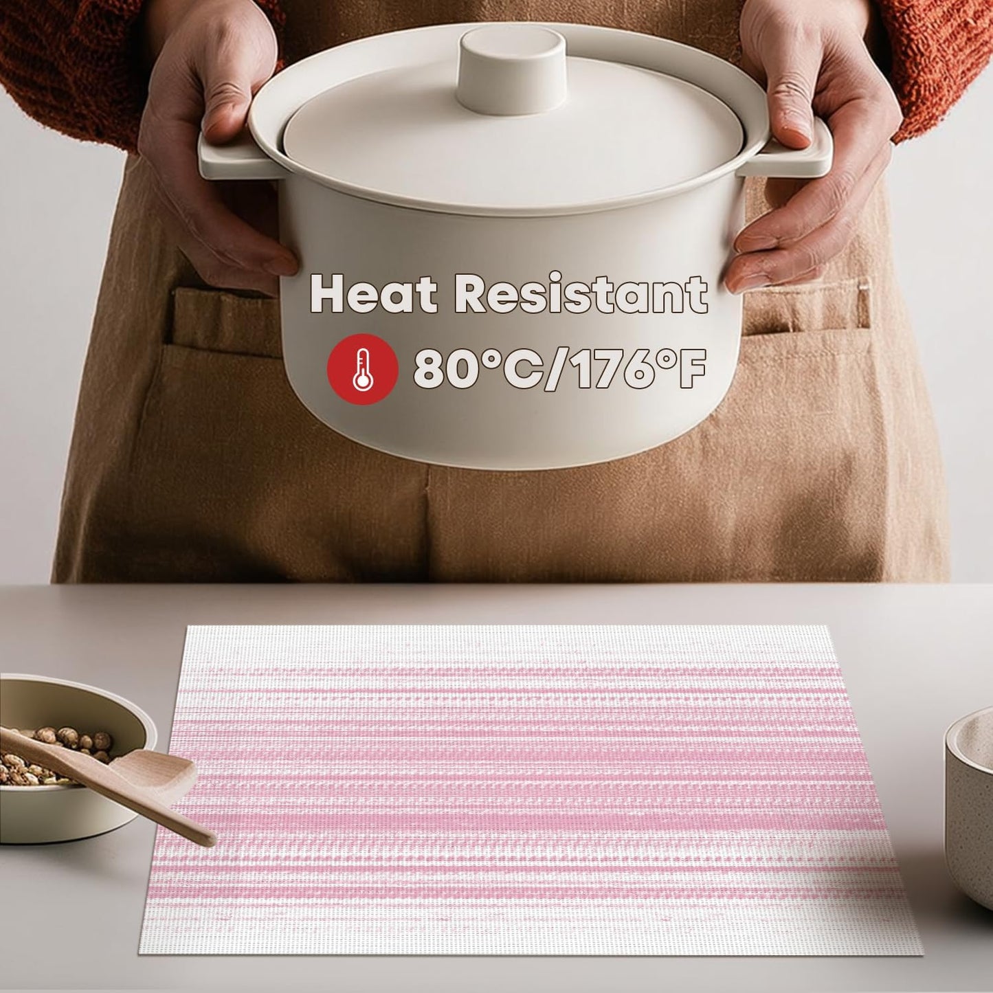 Artoid Mode White Pink Vinyl Placemats Set of 4, Washable Heat Resistant Non-Slip Woven Plastic PVC Easter Place Mats for Farmhouse Holiday Party Kitchen Dining Decor