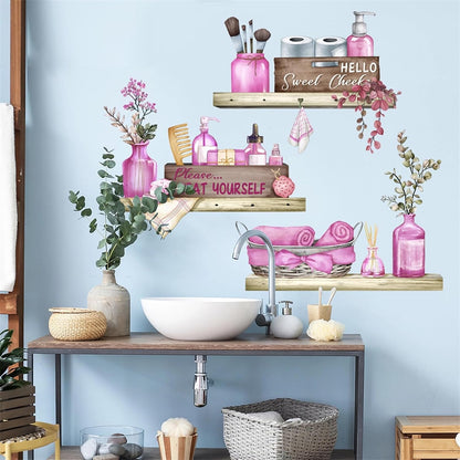 Pink Towel Shelf Wall Stickers, sacinora Cosmetic Brush Organizer DIY Wall Decals Removable Vinyl Peel and Stick for Girls Women Bathroom Restroom Toilet Art Home Decoration
