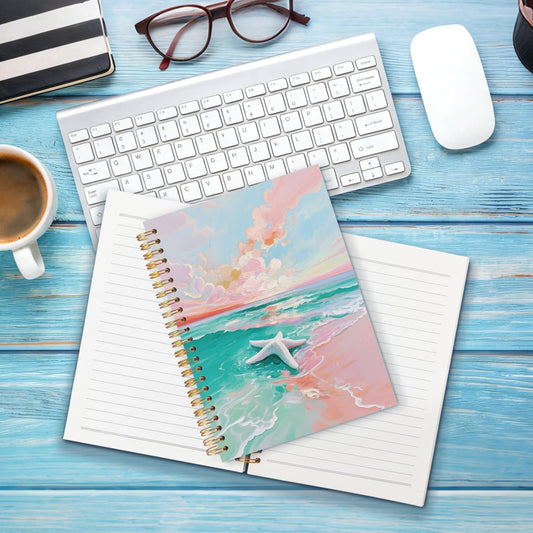Pink Pastel Starfish Beach Notebook Journal 5.5x8.3, Starfish Gifts for Beach Lovers, Preppy Beachy Coastal Ocean Spiral Hardcover Journal Notebook for Work Study Note Taking
