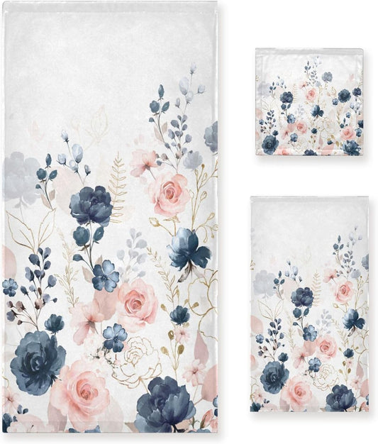 3 PC Navy Blue Floral Bath Towels Set,Pink White Blossom Flowers Bathroom Towels,Soft Botanical Hand Towel,Watercolor Gold Rose Dish Towels,Decorative Fingertip Towels for Bathroom Kitchen