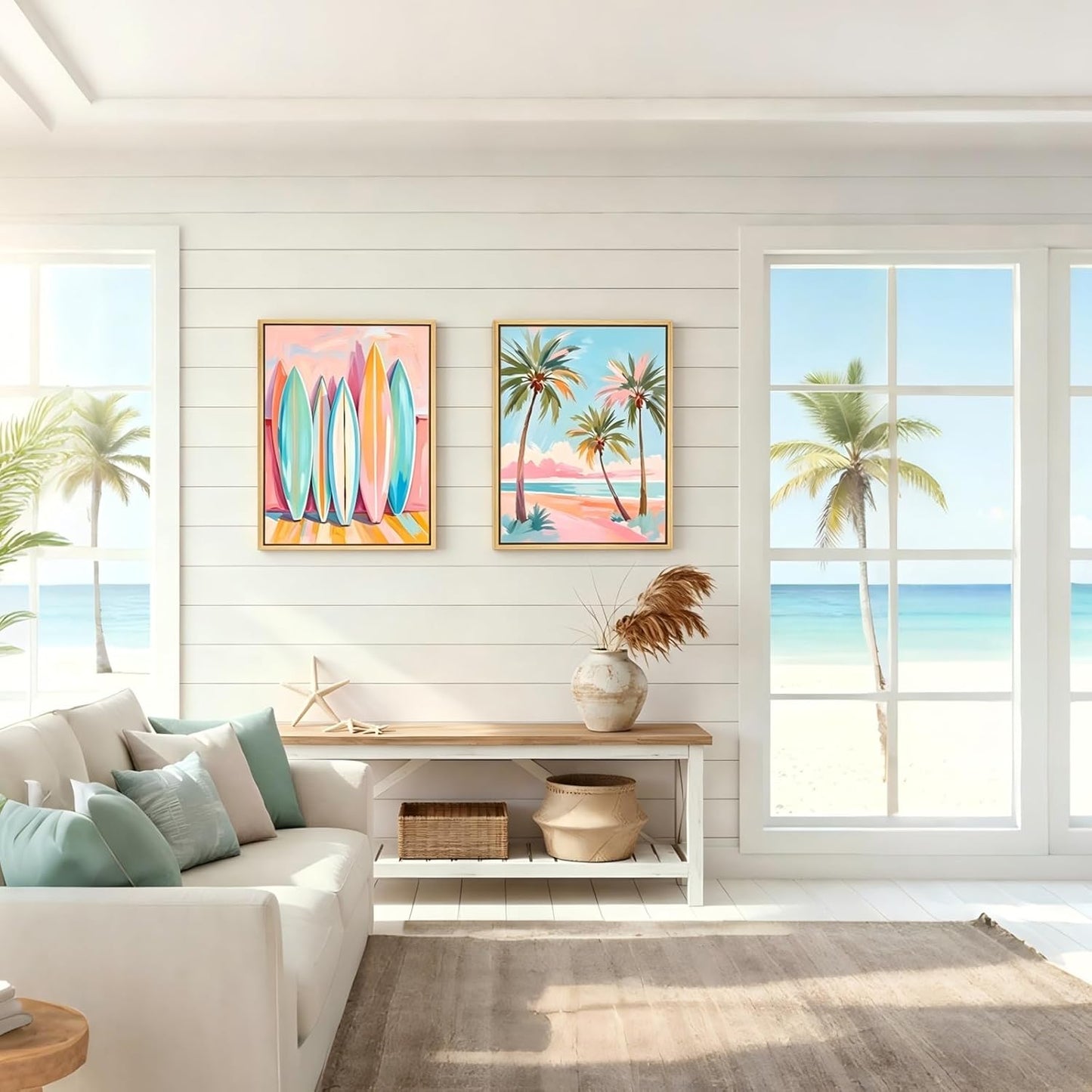 Pastel Beach Framed Wall Art Coastal Canvas Prints Palm Tree Surf Wall Decor Pink Blue Preppy Ocean Painting Abstract Boho Tropical Beachy Aesthetic Artwork for Home Bedroom 12x16in Ready to Hang