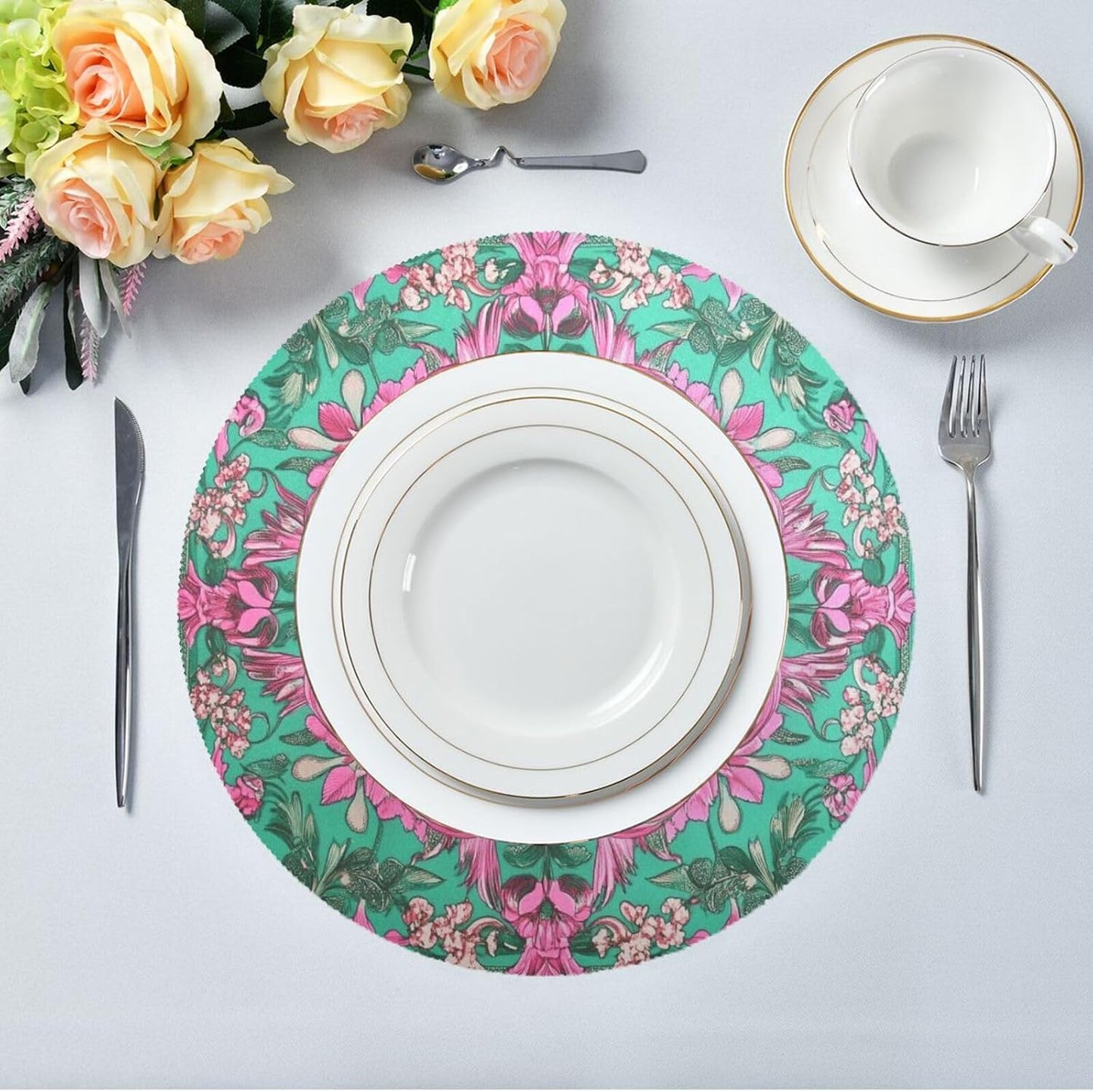 Retro Flower Pattern Peach and Green placemates Round Reusable Chalkboard placemats placemats Washable Burlap Plates placemats Heat Resistant Waterproof Christmas Table placemats Set of