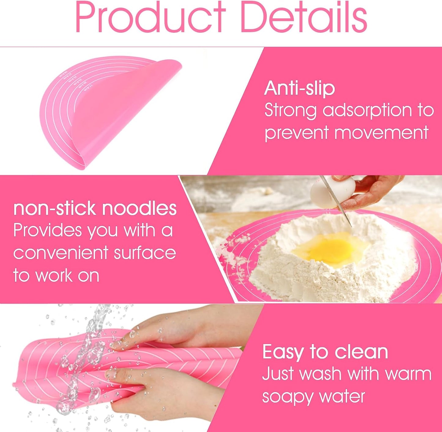 Oruola Round Silicone Baking Mat, 12In Cake Kneading Mats,Pastry Mats for Cake Turntable Stand Pastry Baking Sheet, Round Silicone Mat with Size Measurement Specification, Non-Stick, Pink