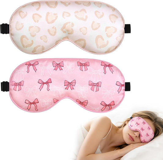 OlyPegic 2 Pcs Girls Sleep Masks for Women Girls Silk Eye Mask Sleeping Eye Masks Women with Adjustable Strap Soft Lightweight Eye Cover Pink Bow Blindfold Shade Light Blocking Travel Home Use