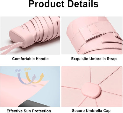 Travel Essentials Mini Umbrella for Purse with Case Small Compact UV Sun Protection Lightweight Tiny Pocket Manual Open Close Umbrella for Women Men Fits Purse Backpack
