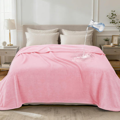 LOOBANI Waterproof Blanket for Bed: Reversible Leakproof Full/Queen Bed Blankets 80" x 90", Soft Flannel & Coral Fleece Bed Blanket Water Resistant for Couch Sofa Cover, Movie Time, Camping, Pink