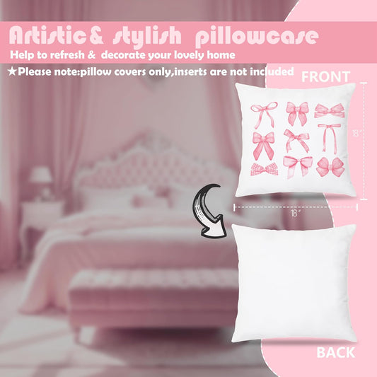 Pink Coquette Bow Pillow Covers 18x18 Set of 4, Room Decor With Cherry Heart Aesthetic, Girly Bedroom Stuff