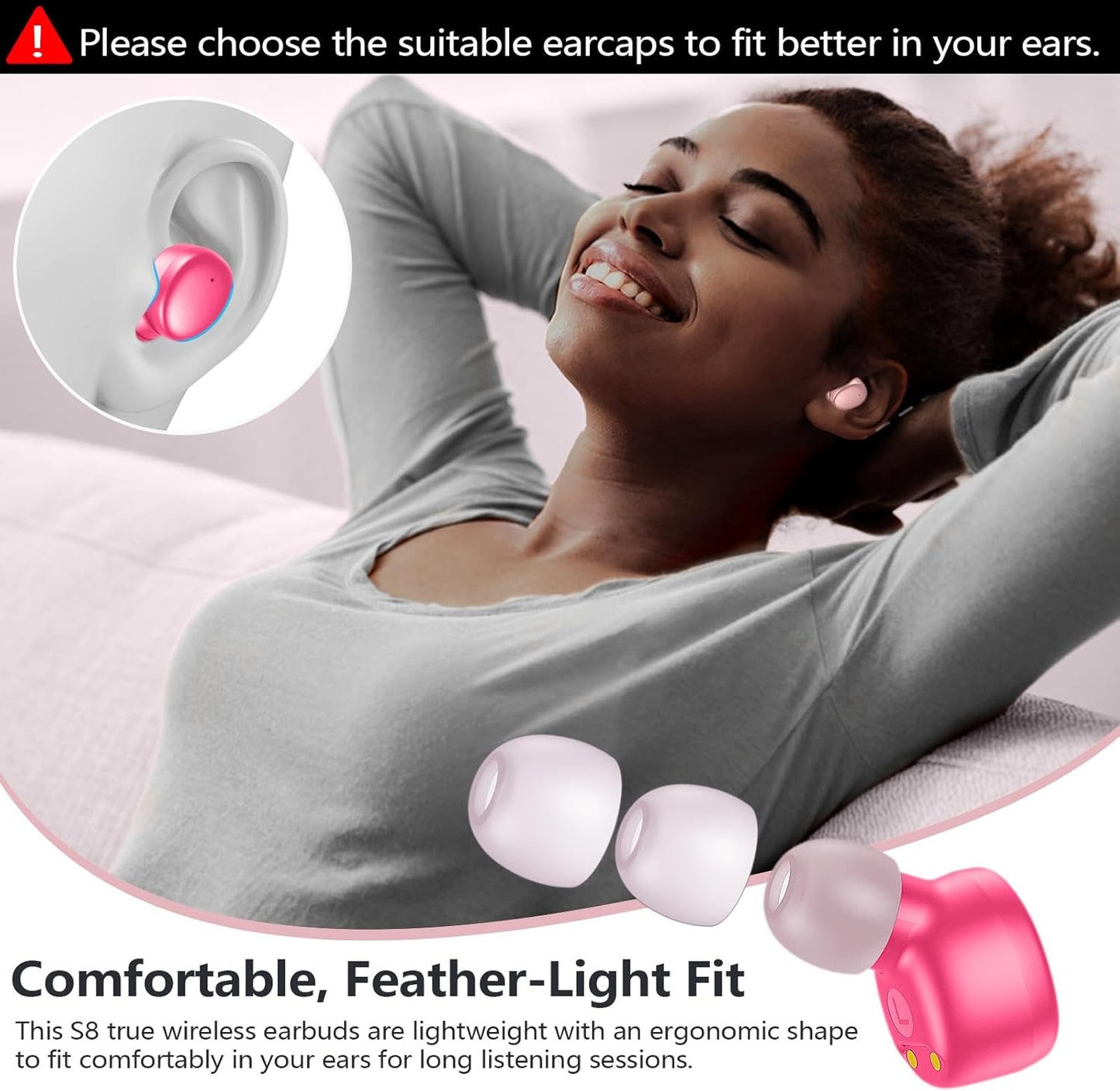 MOZOTER S8 Mini Wireless Earbuds Bluetooth 5.3 in Ear Light-Weight Headphones,60Hrs Playtime Ear Buds with Charging Case,Bluetooth Headsets,Premium Sound with Deep Bass for Sport-Pink