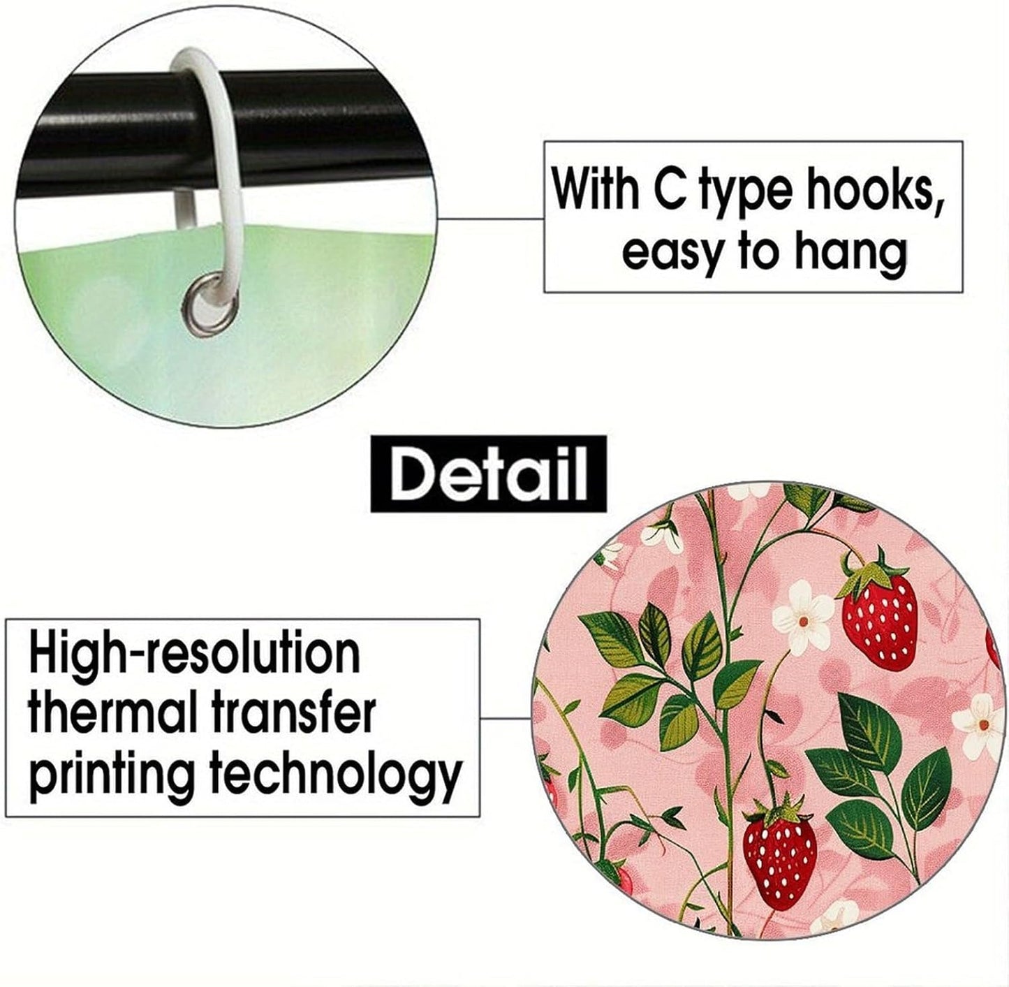 Peach Strawberry Print Shower Curtains with Hooks Luxury Polyester Cloth Shower Curtain Exquisite Bath Curtains Waterproof Bathroom Shower Curtain for Bathtubs Partitions 71"x71"