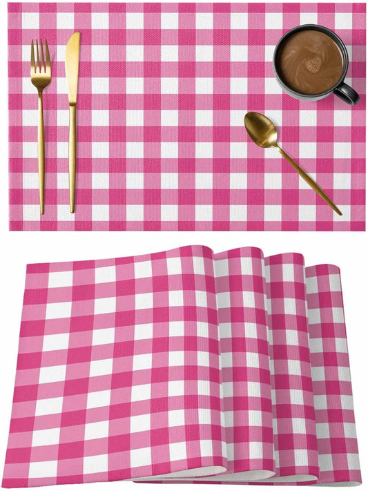 Peach Pink Checked Placemats Set of 4, Farmhouse Buffalo Plaid Country Grid Placemats for Dining Table, Place Mats for Kitchen Tabletop, Waterproof Wipeable Dining Table Mats Set
