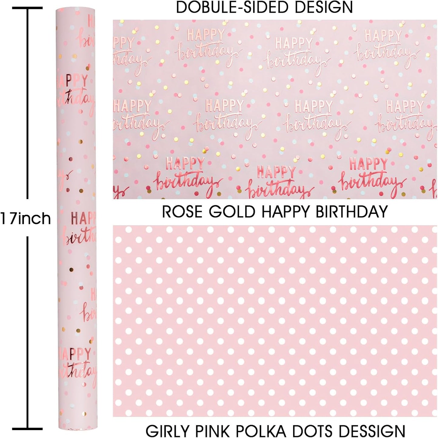 MAYPLUSS Reversible Pink Birthday Wrapping Paper Roll, Girl Gift Wrapping Paper, Metallic Foil Happy Birthday Pattern Girly Gift Wrap for Gift Packaging, Women Party, Celebrations (17 Inch x 33 Feet)