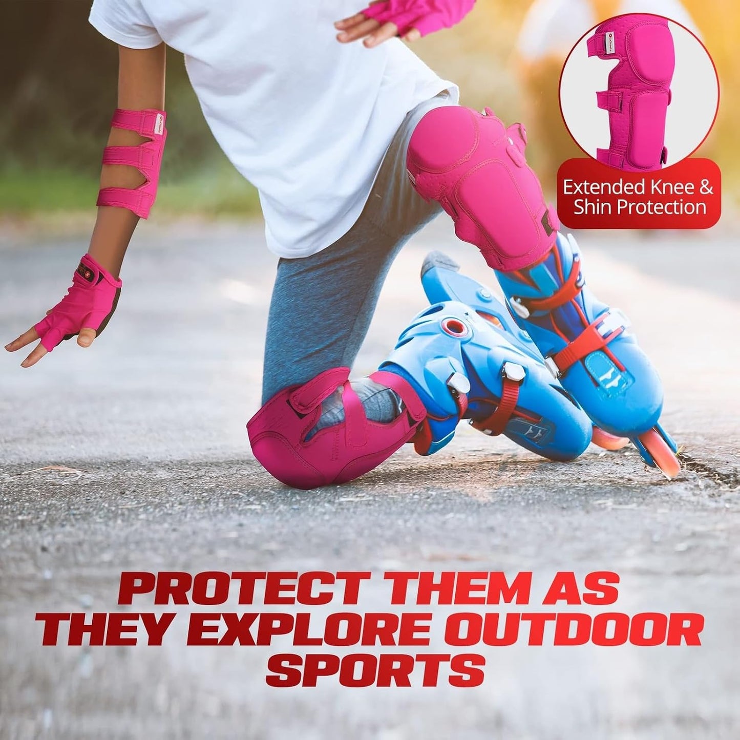 Lascoota Kids Roller Skate Protective Gear Set - 7-Piece, Medium, Pink - Knee Pads, Elbow Pads & Gloves for Roller Skating - Kid Scooter Riding & Skateboarding