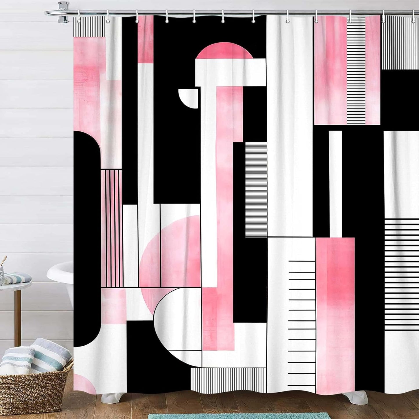 Pink Geometric Shower Curtain, Boho Abstract Striped Neutral Bathroom Curtain, Modern Minimalist Mid Century Aesthetic Bath Curtains Decor Waterproof Polyester Fabric with 12 Hooks, 47x72 in
