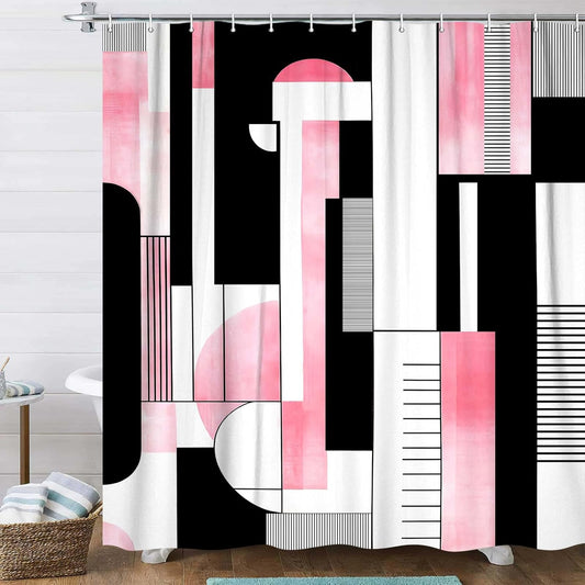 Pink Geometric Shower Curtain, Boho Abstract Striped Neutral Bathroom Curtain, Modern Minimalist Mid Century Aesthetic Bath Curtains Decor Waterproof Polyester Fabric with 12 Hooks, 47x72 in