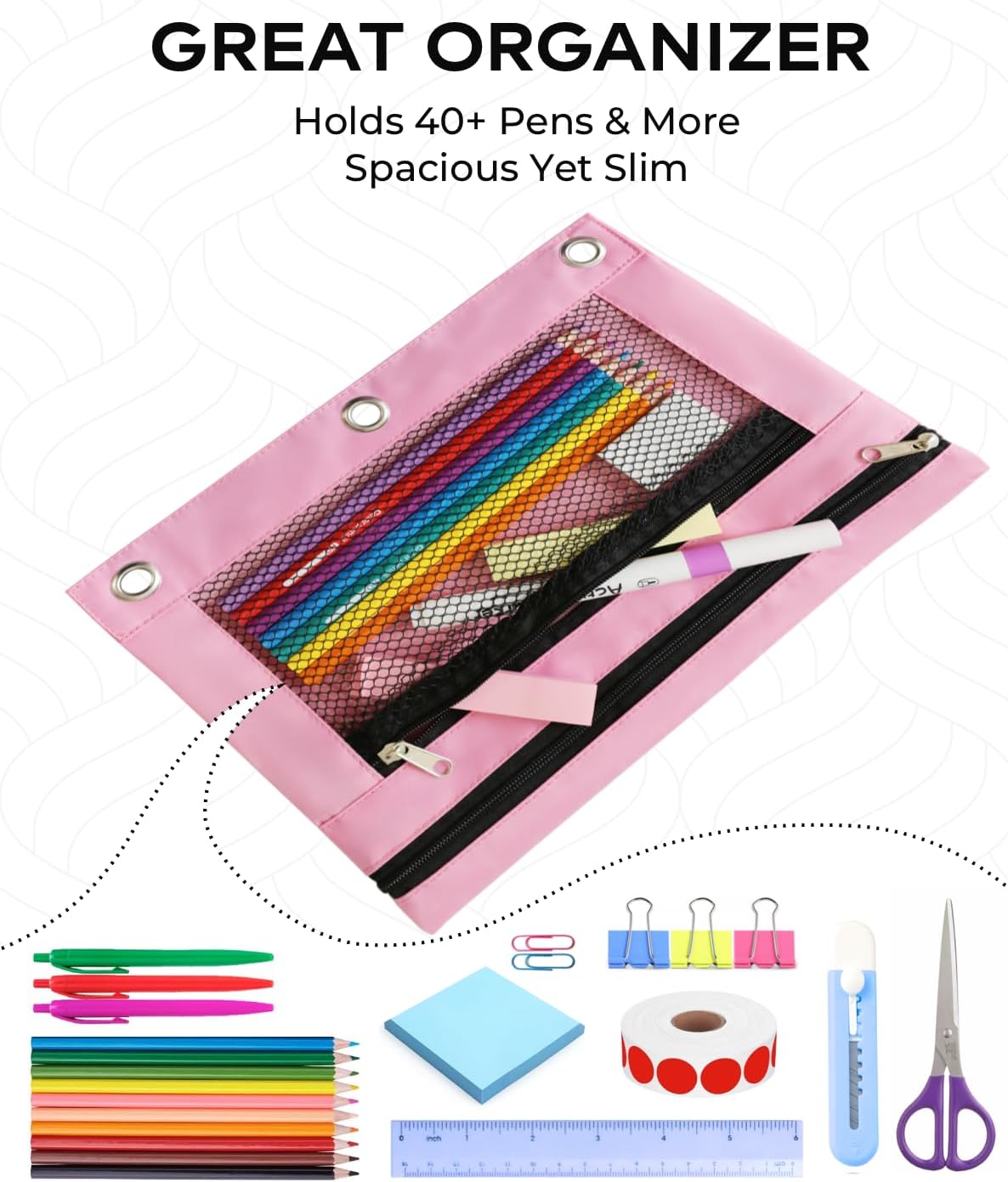 3 Ring Binder Pencil Pouch - Oxford Fabric Pencil Case with 2 Zippered Pockets, Clear Mesh Window Pencil Bag, B5 Size for Office & Travel Supplies (Pink)