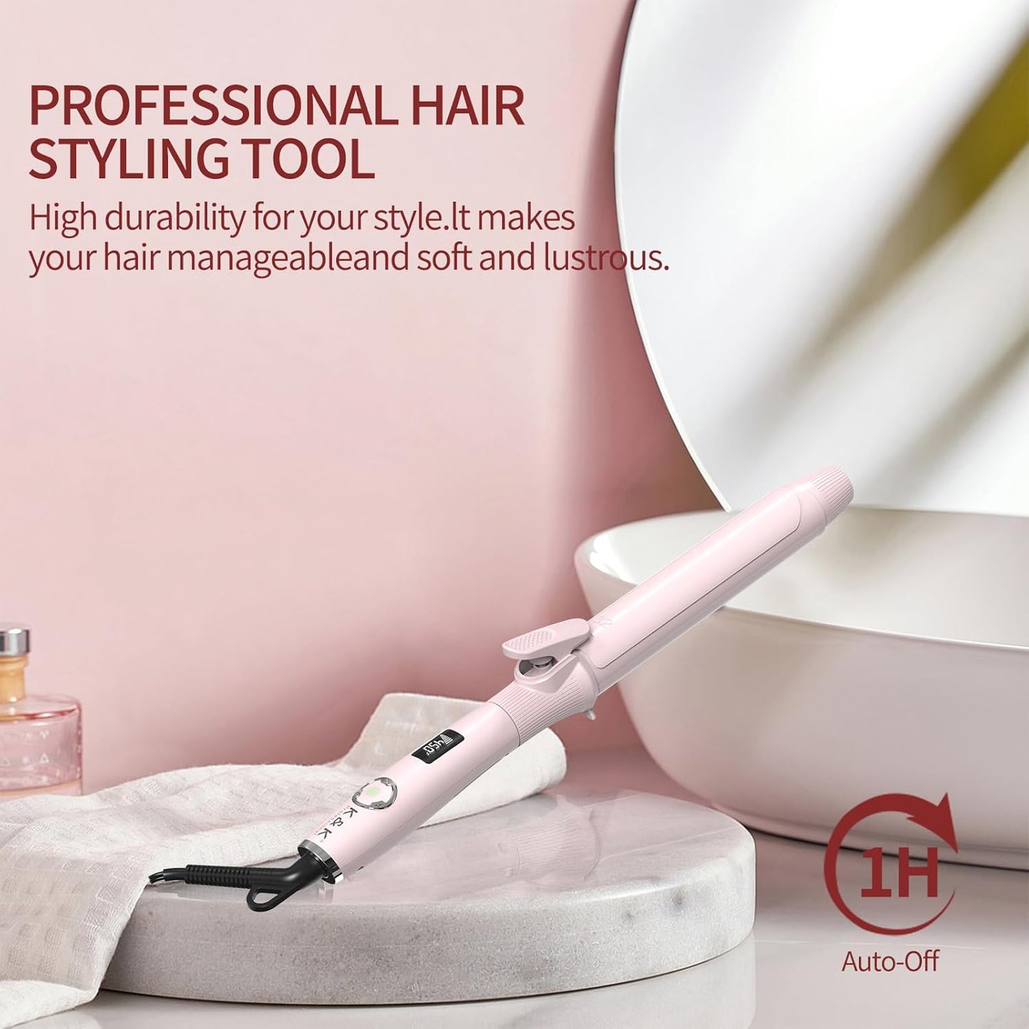 1 1/5 Inch Curling Iron with Clipped Tourmaline Ceramic Barrel Professional 1.25 Inch Hair Curler up to 450°F Dual Voltage for Traveling 60 Mins Auto Off Suit for Different (Pink, 1.25 Inch)